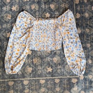 Love Tree White Smocked Off-Shoulder Crop Top with Blue & Yellow Floral Print